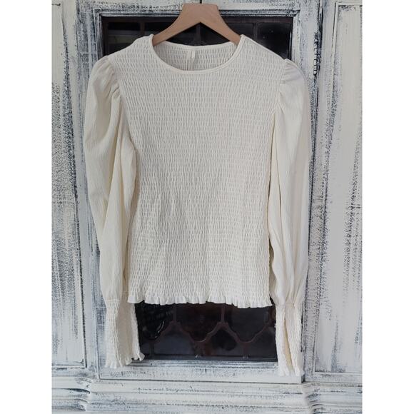 Anthropologie Smocked Puff-Sleeved Cream Top - New - Large - Picture 5 of 5